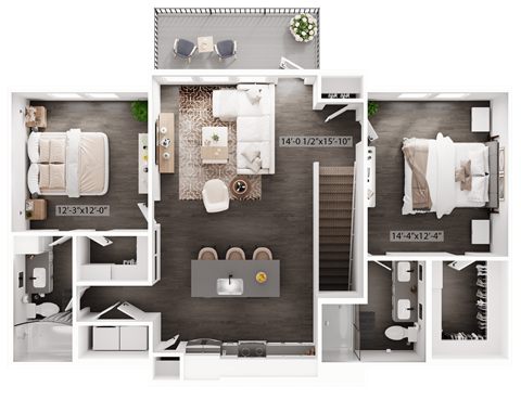 Floor plan for 2 beds, 2 baths, 1120 sqft